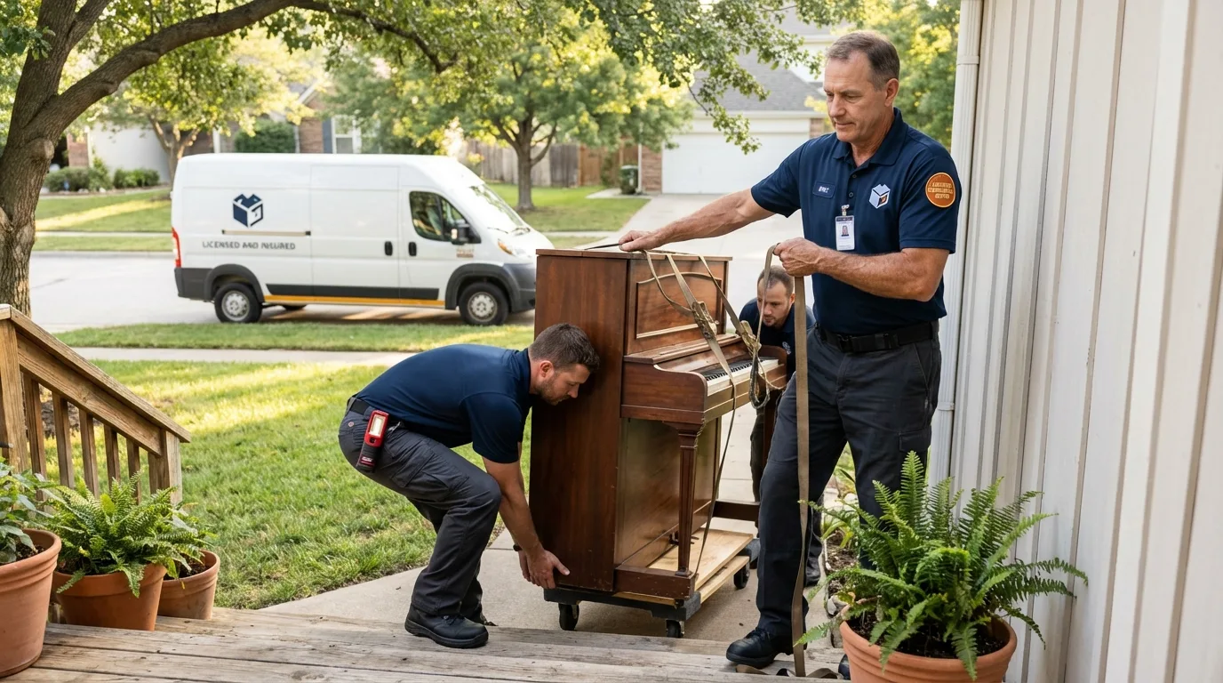 Licensed piano movers securing grand piano in Merchantville, NJ