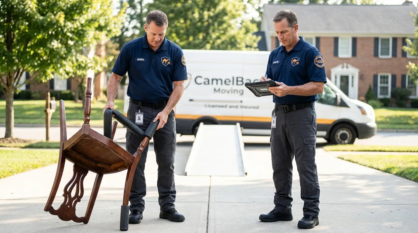 Movers inspecting furniture for damage prevention before loading in Merchantville, NJ