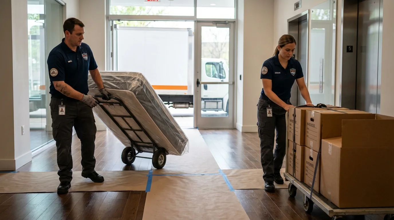 Professional apartment movers loading elevator in Merchantville, NJ